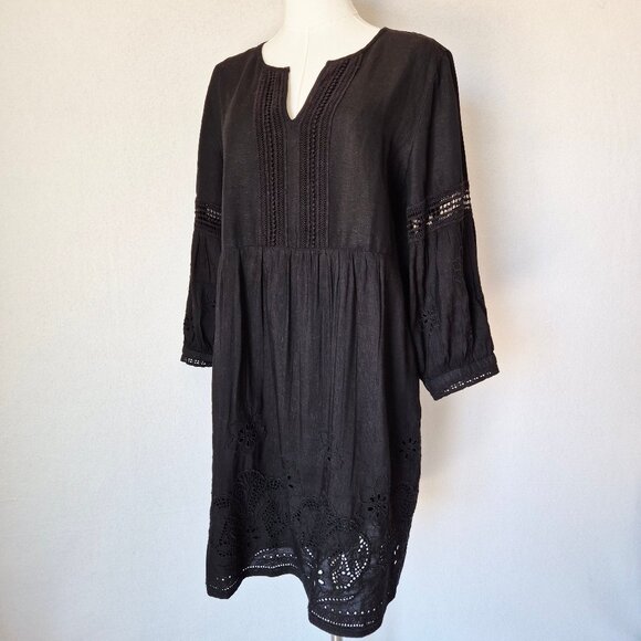 Tommy Bahama St.Lucia Black Linen-Blend Embroidered Applique V-Neck Mini Dress - Picture 4 of 16